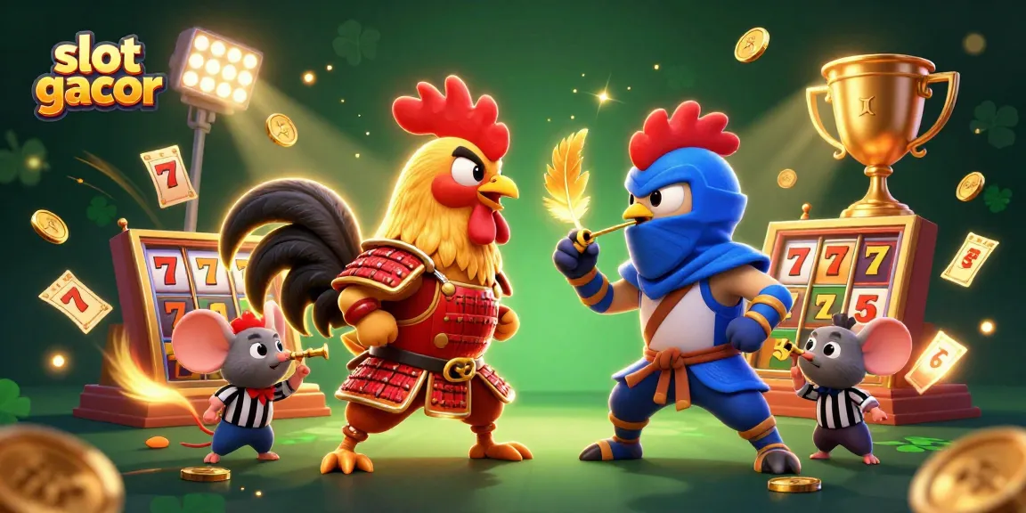 Engage with slot gacor action featuring dynamic roosters in a casino setting with gold coins and reels.