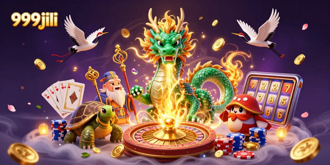 Experience exciting gameplay at 999jili with a vibrant illustration of a dragon, turtle, and cranes.