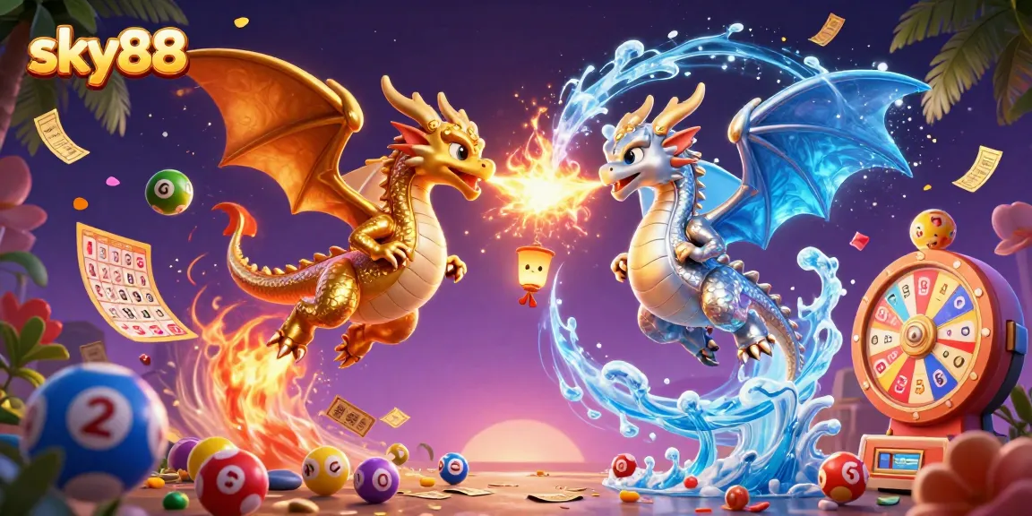 Win big with sky88 as gold and silver dragons unleash fiery and icy spirit in dynamic casino illustration.