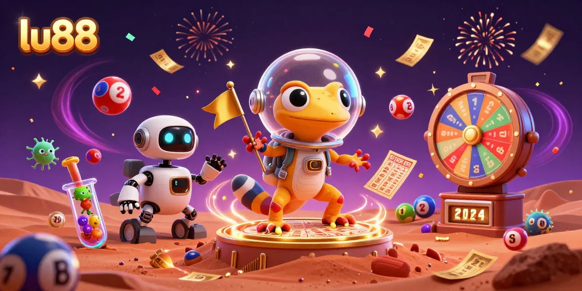 Experience the thrill of lu88, featuring dynamic lottery balls and a Martian gecko discovering a golden casino.