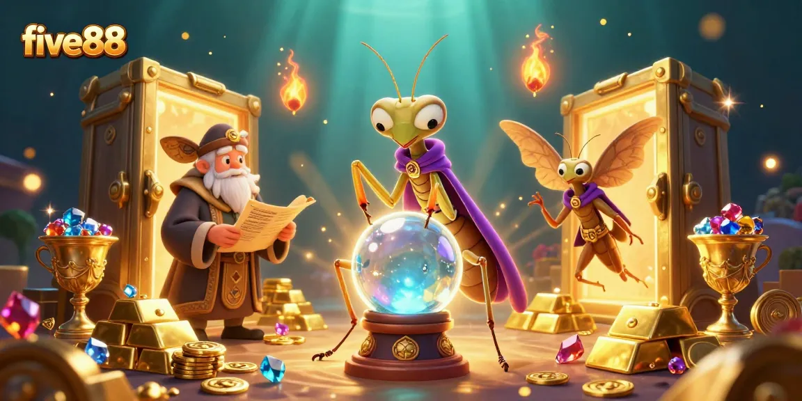 Join five88's vibrant casino adventure with fortune tellers and gems in this 3D illustration.