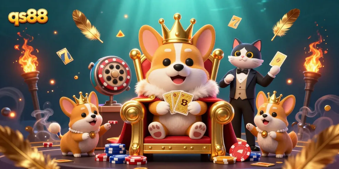 Experience thrilling moments at qs88 casino with royal corgis and slot machines in this exciting scene.