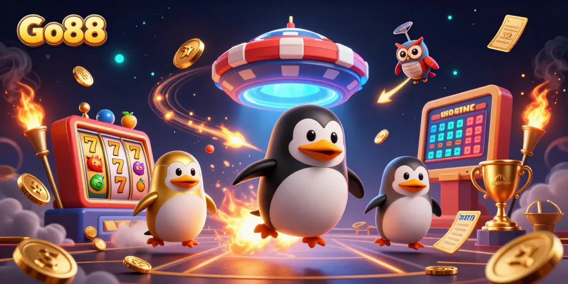 Experience Go88 with a dynamic scene of a golden penguin and casino elements blending gaming excitement.