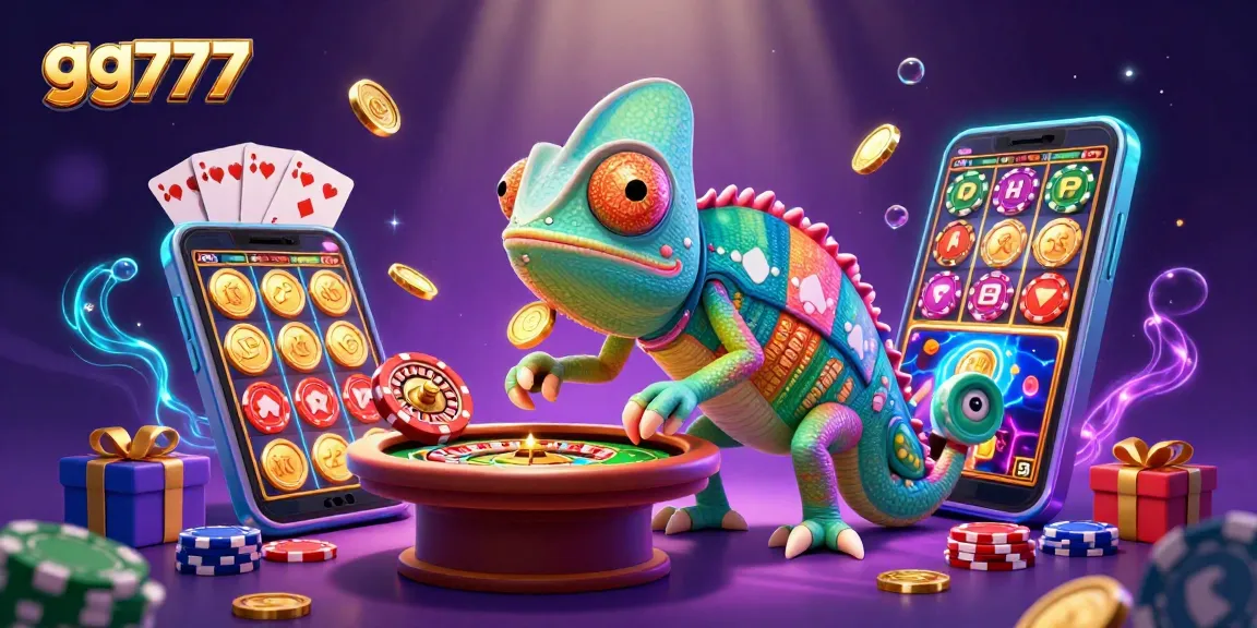 Experience the excitement at gg777 with a colorful casino scene featuring the dynamic chameleon owner.