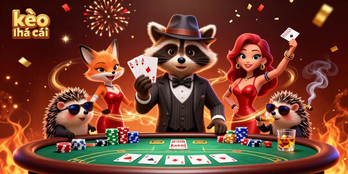 Engaging scene showcasing kèo nhà cái action, featuring raccoon, fox, and hedgehog with poker elements.
