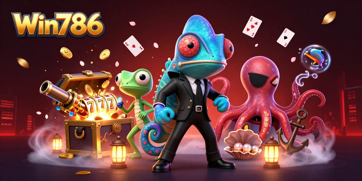 Win786 showcases thrilling casino action with secret agent chameleon and gecko in vibrant underwater scene.
