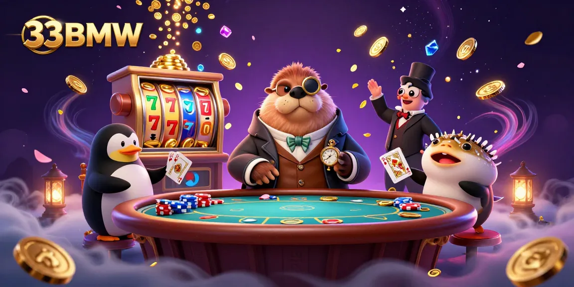 Engage in exciting poker with the 33BMW walrus at an underwater casino table, featuring glorious treasures.