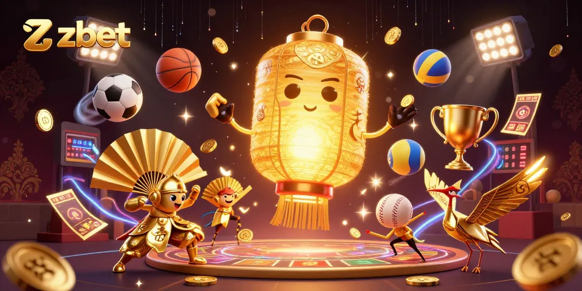 Experience zbet betting excitement with a vibrant 3D casino illustration featuring lucky symbols and sports elements.