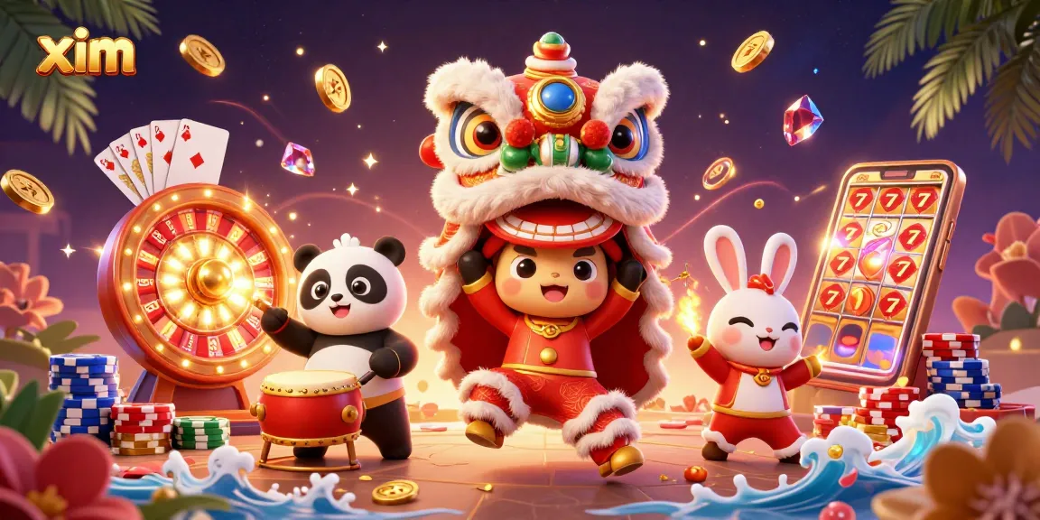Experience the excitement of xim with a lion dance, coins, and casino games in a vibrant 3D illustration.