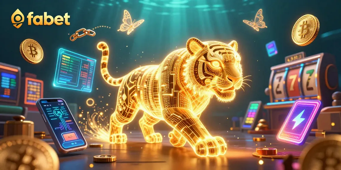 Play thrilling games at fabet casino with an ultra-detailed 3D rendering of a golden tiger and slot elements.