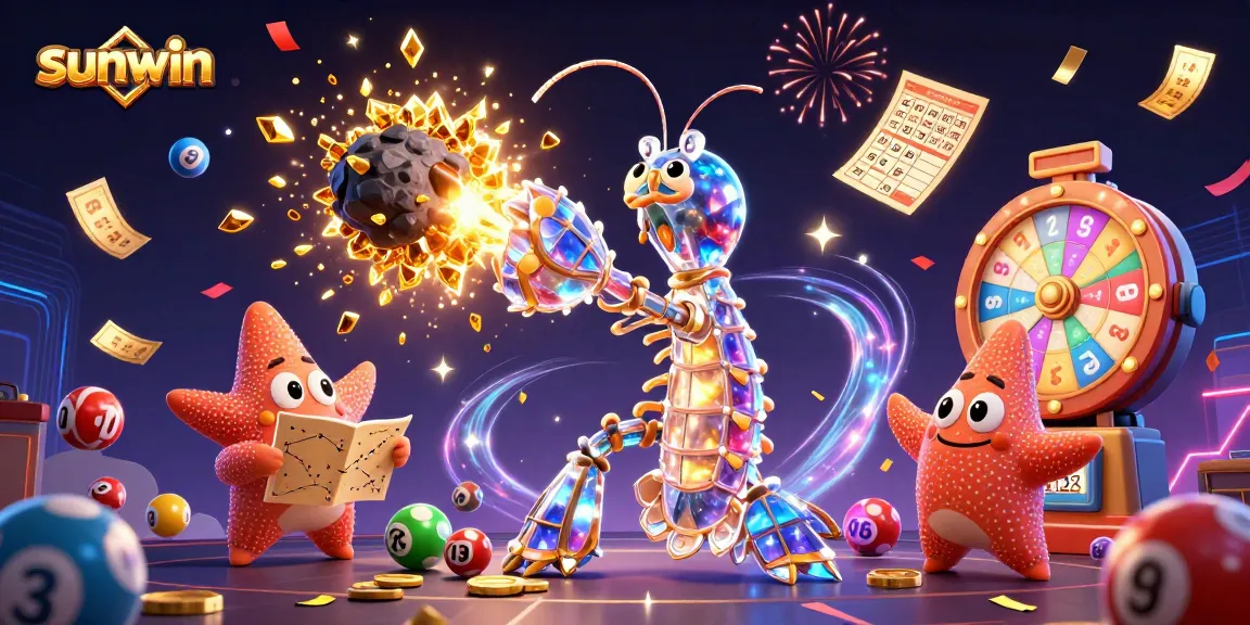 Experience sunwin gaming excitement with vibrant lottery elements and dynamic characters in a 3D illustration.