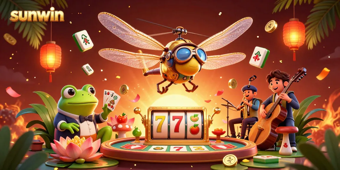 Experience the thrill of sunwin's vibrant casino atmosphere with a dragonfly pilot and frog croupier.