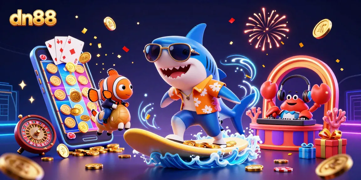Experience the thrill of dn88 with animated characters celebrating big wins in a casino-themed scene.
