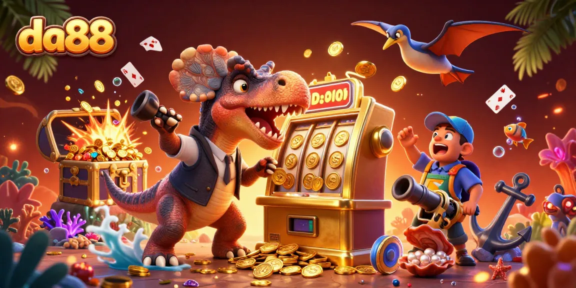 Win big with da88 as a pachycephalosaurus powers a golden slot machine for jackpot coins!