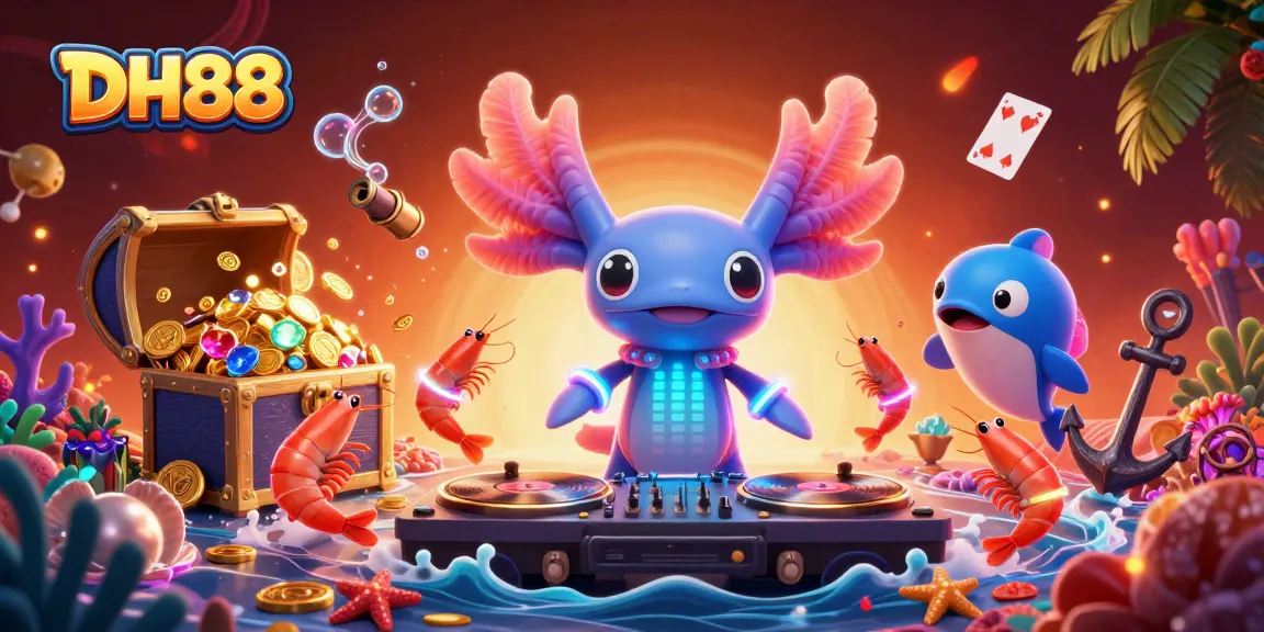 Experience thrilling wins with DH88's vibrant underwater casino scene featuring a lively axolotl DJ and treasure-filled adventures.