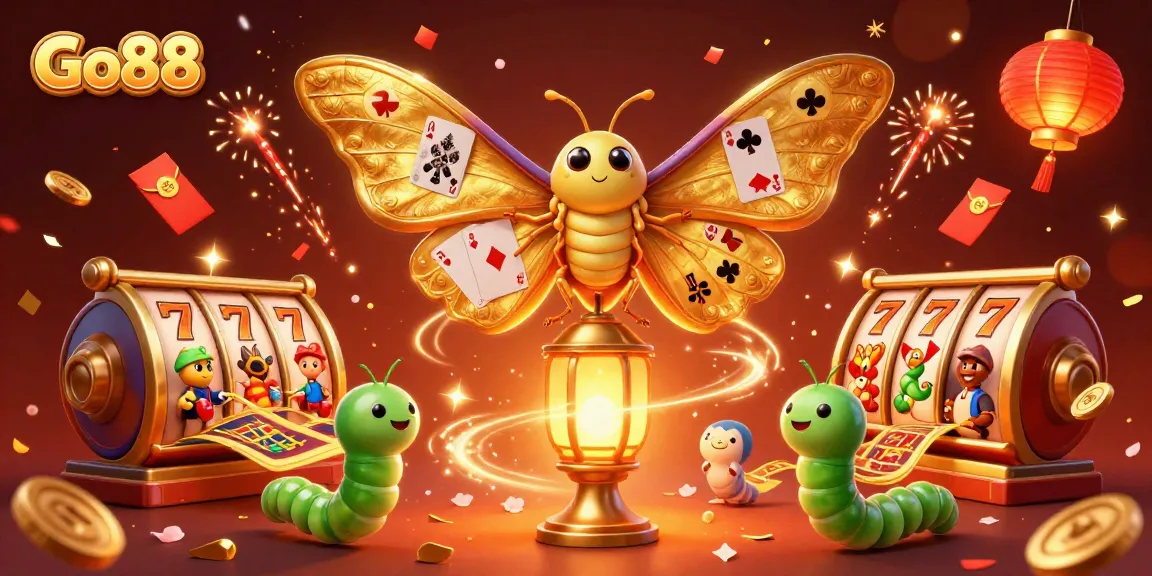 Experience thrilling slots at Go88 with a vibrant illustration featuring an atlas moth and casino themes.