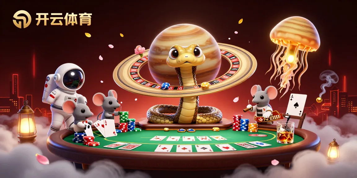Experience the thrill of 开云体育 with a vibrant cosmic casino scene featuring a Saturn ring snake and astronaut mice gambling.