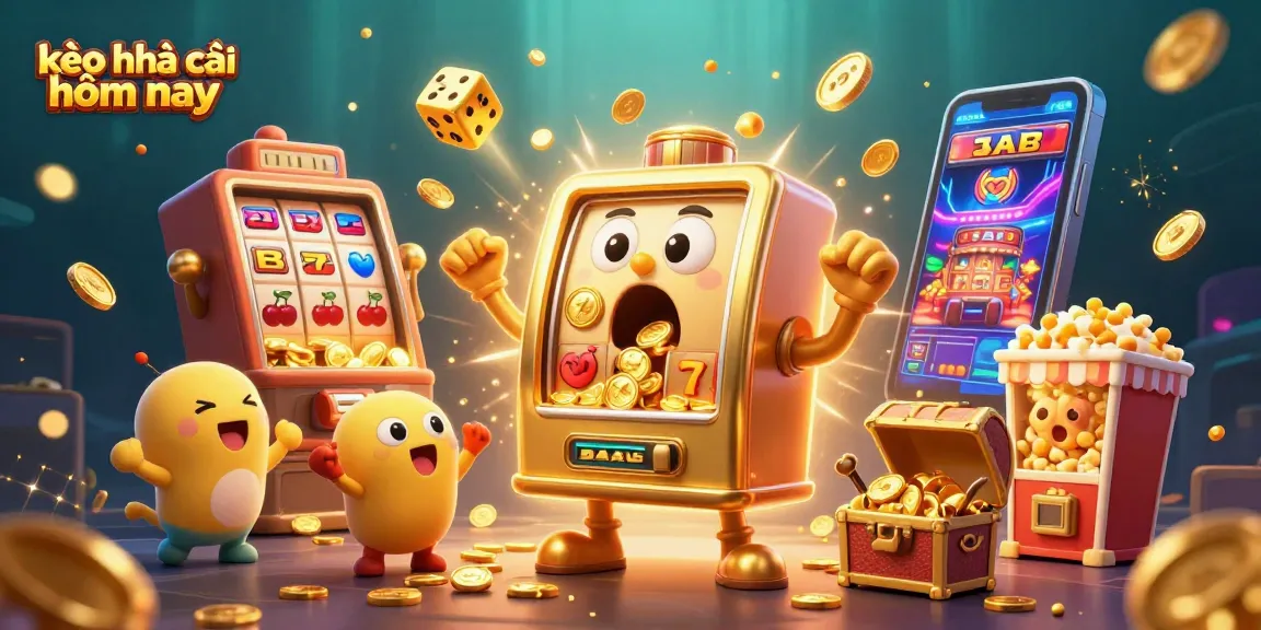 Excited golden slot machine celebrating its jackpot while showcasing kèo nhà cái hôm nay with baby machines and casino elements.