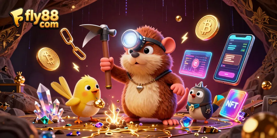 Experience engaging gaming at fly88 com with a treasure hunter mole surrounded by glowing cryptocurrency elements in a dynamic casino scene.