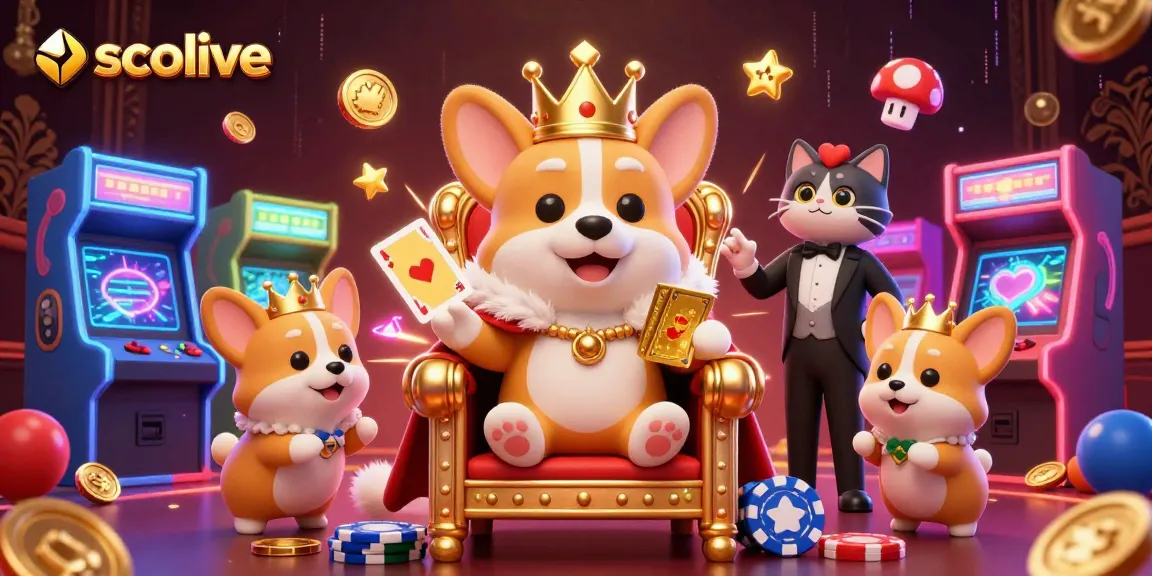 Socolive showcases a dynamic scene with a royal corgi and animated gambling elements, emphasizing excitement.