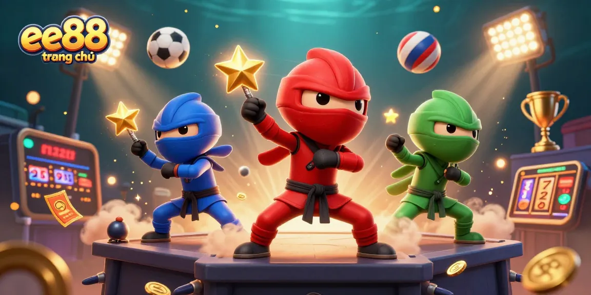 Betting action with ee88 trang chủ logo, showcasing vibrant 3D chameleon ninjas and casino elements.
