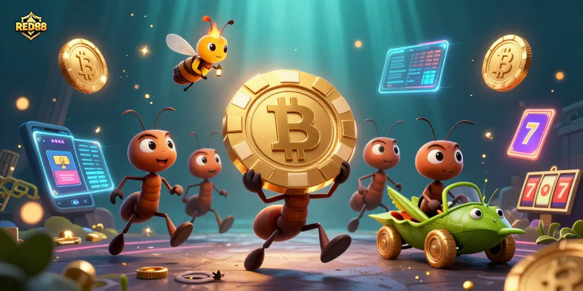 Watch the RED88 ants execute a thrilling heist with a giant poker chip amid dazzling casino elements.
