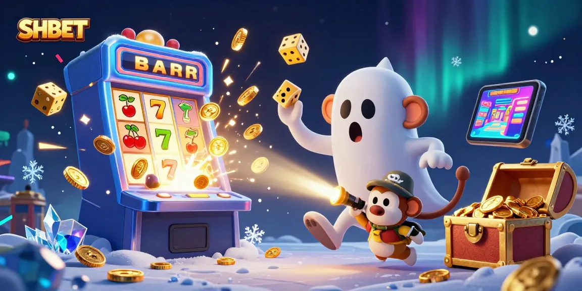Experience the thrill of SHBET with a lively casino scene featuring a playful poltergeist monkey and a curious ghost-hunter puppy.