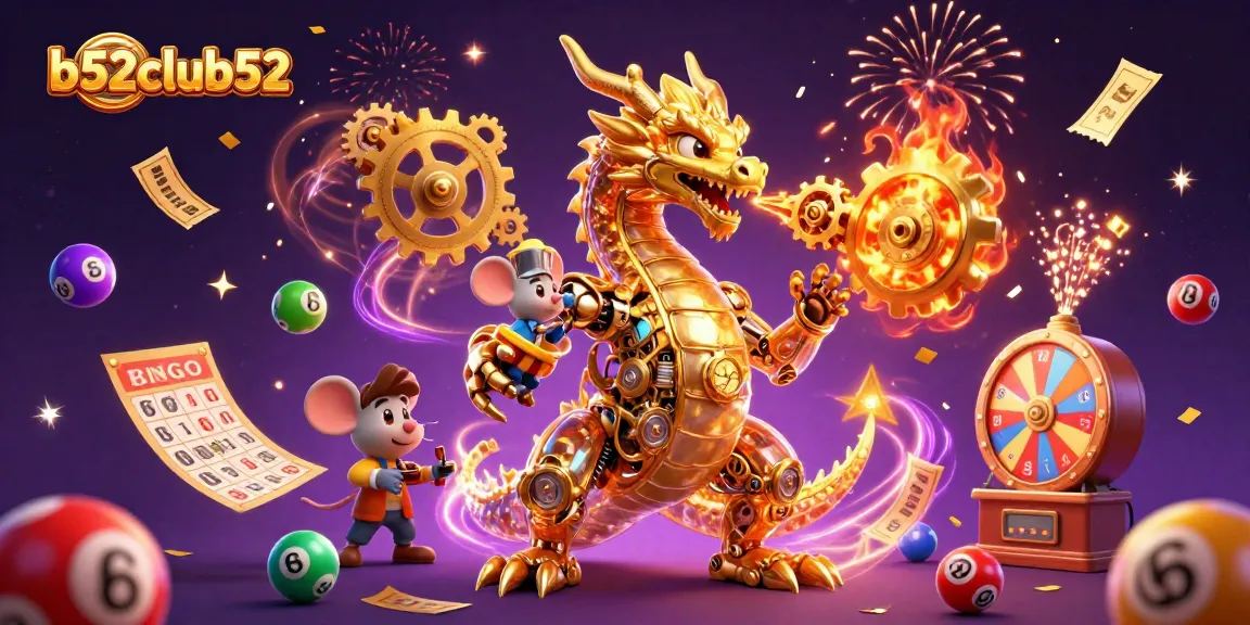 Engage with b52club52 as a golden dragon unleashes winning lottery balls in a vibrant casino scene.