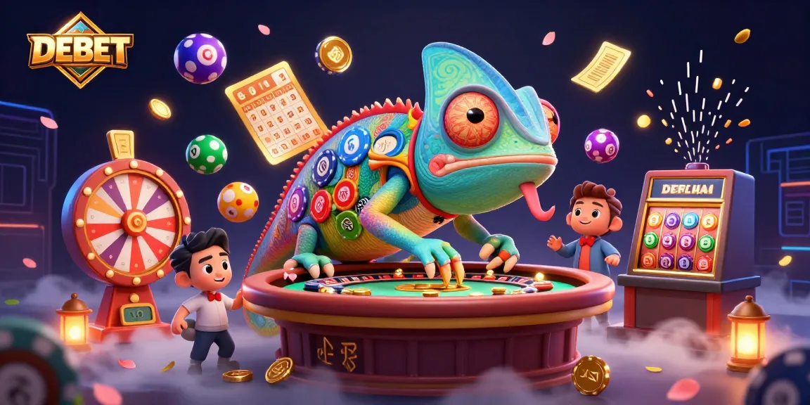 Experience thrilling gameplay at DEBET with vibrant casino elements and a colorful chameleon casino owner.
