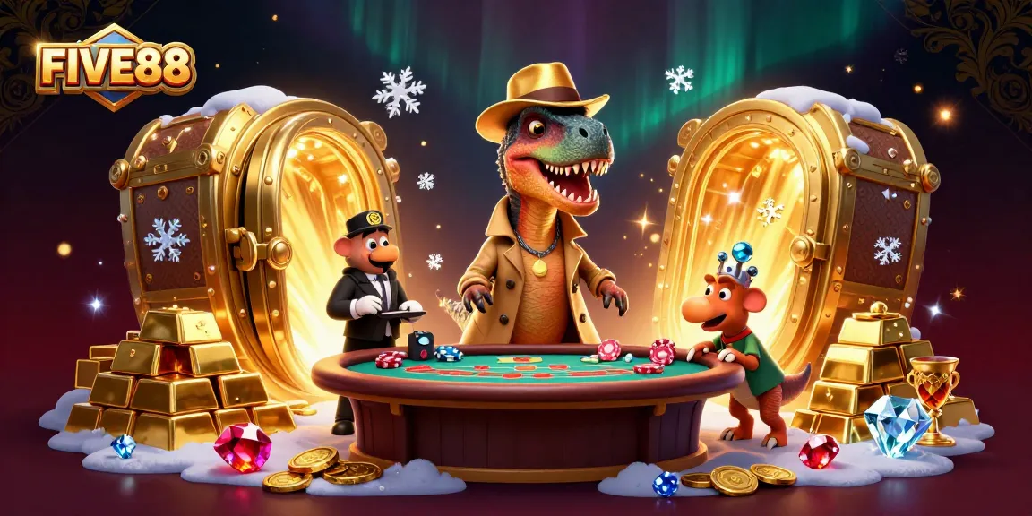 Visualize the exciting vibe of FIVE88 with a velociraptor card counter at a lively casino table, surrounded by dazzling treasures.