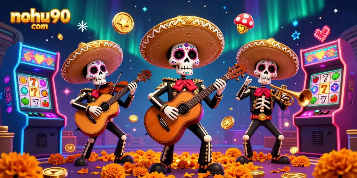 A vibrant scene at nohu90 com featuring a mariachi band surrounded by slot machines, ready for an exciting gaming experience.
