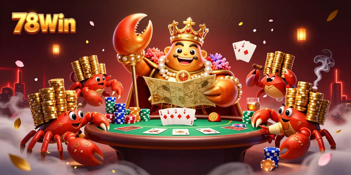 Experience 78Win's vibrant casino world with a golden crab emperor amidst poker excitement.
