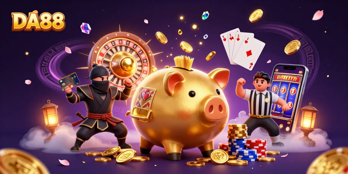 DA88 showcases a dynamic betting scenario with golden coins and vibrant casino elements in action.