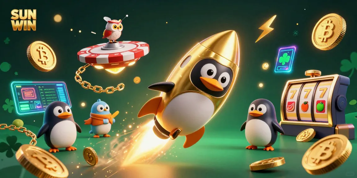 Engage with SUN WIN as a golden penguin ventures through a casino space with vibrant elements.