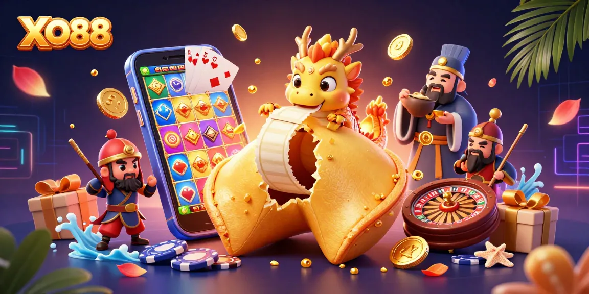 Experience the thrill of XO88 with a vibrant 3D casino illustration showcasing slot games, golden coins, and animated characters.