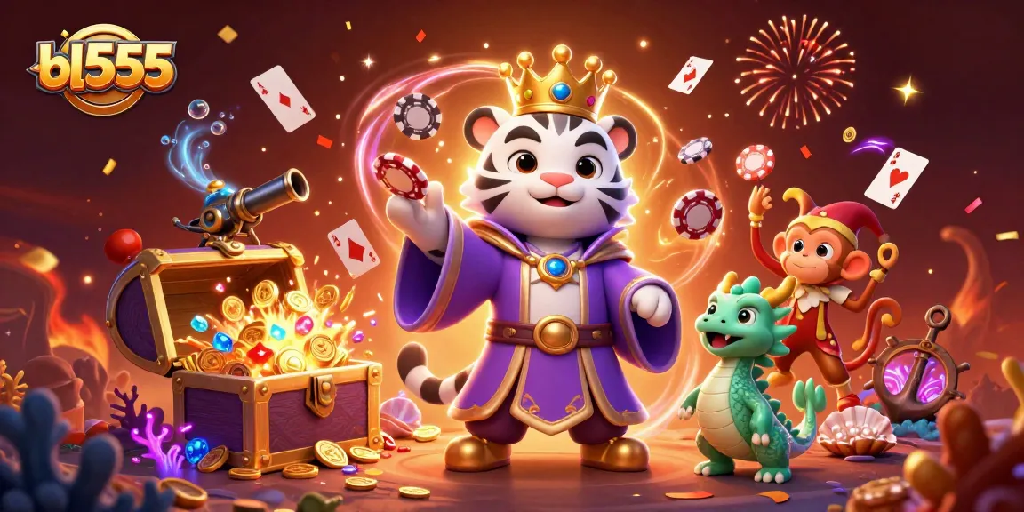 Experience the dynamic world of bl555 with a royal tiger, jester monkey, and jade dragon amidst casino riches.