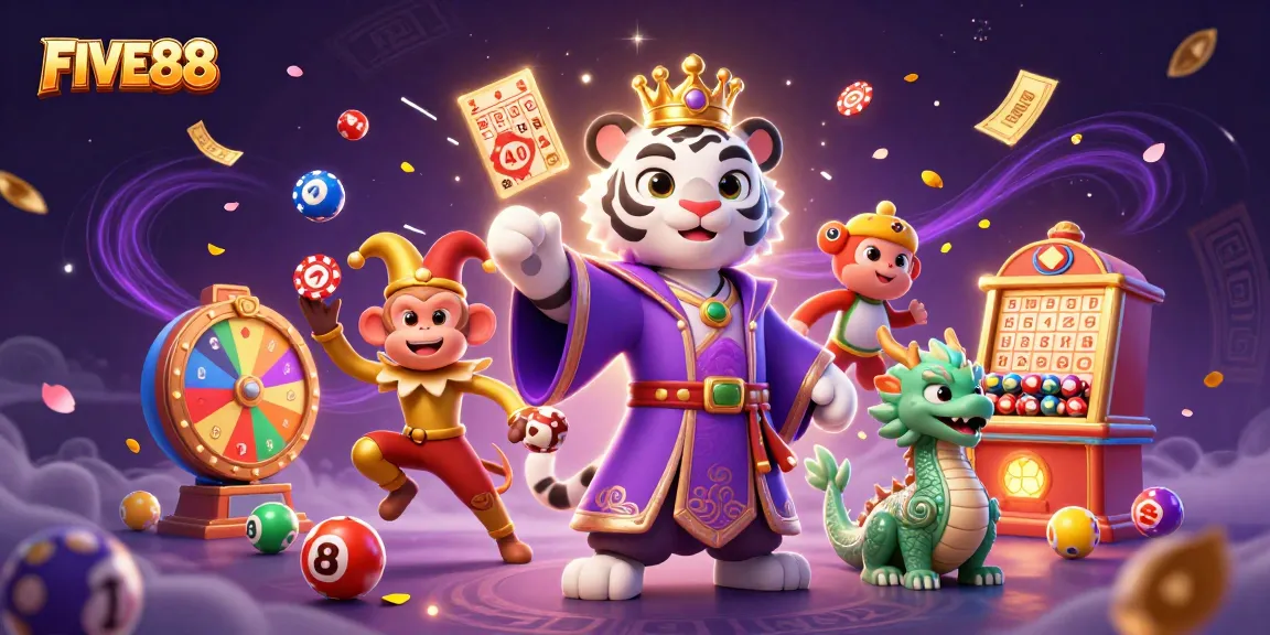 FIVE88 brings excitement to life with a tiger, monkey, and dragon in a colorful casino scene.