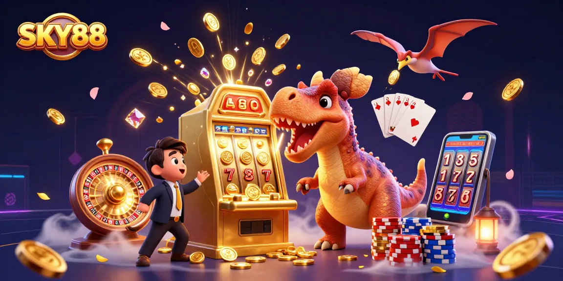 Experience the thrill at SKY88 as a dinosaur wins slots, with vibrant gaming scenes and flying coins.