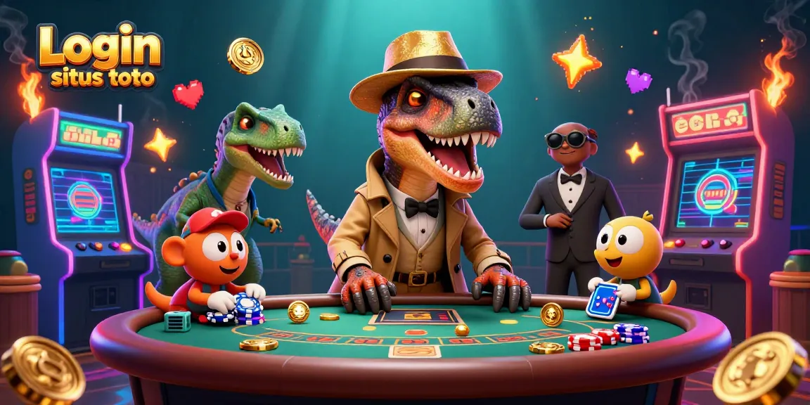 Login situs toto dengan ilustrasi 3D kartun yang penuh warna, menampilkan suasana kasino yang dinamis.